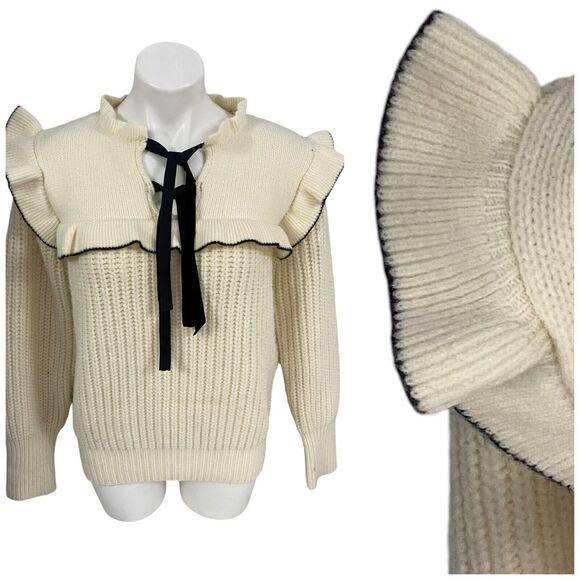 Sweater Womens Large Cable Knit Ruffle Preppy Cottage Peasant Feminine Cozy - Picture 6 of 15